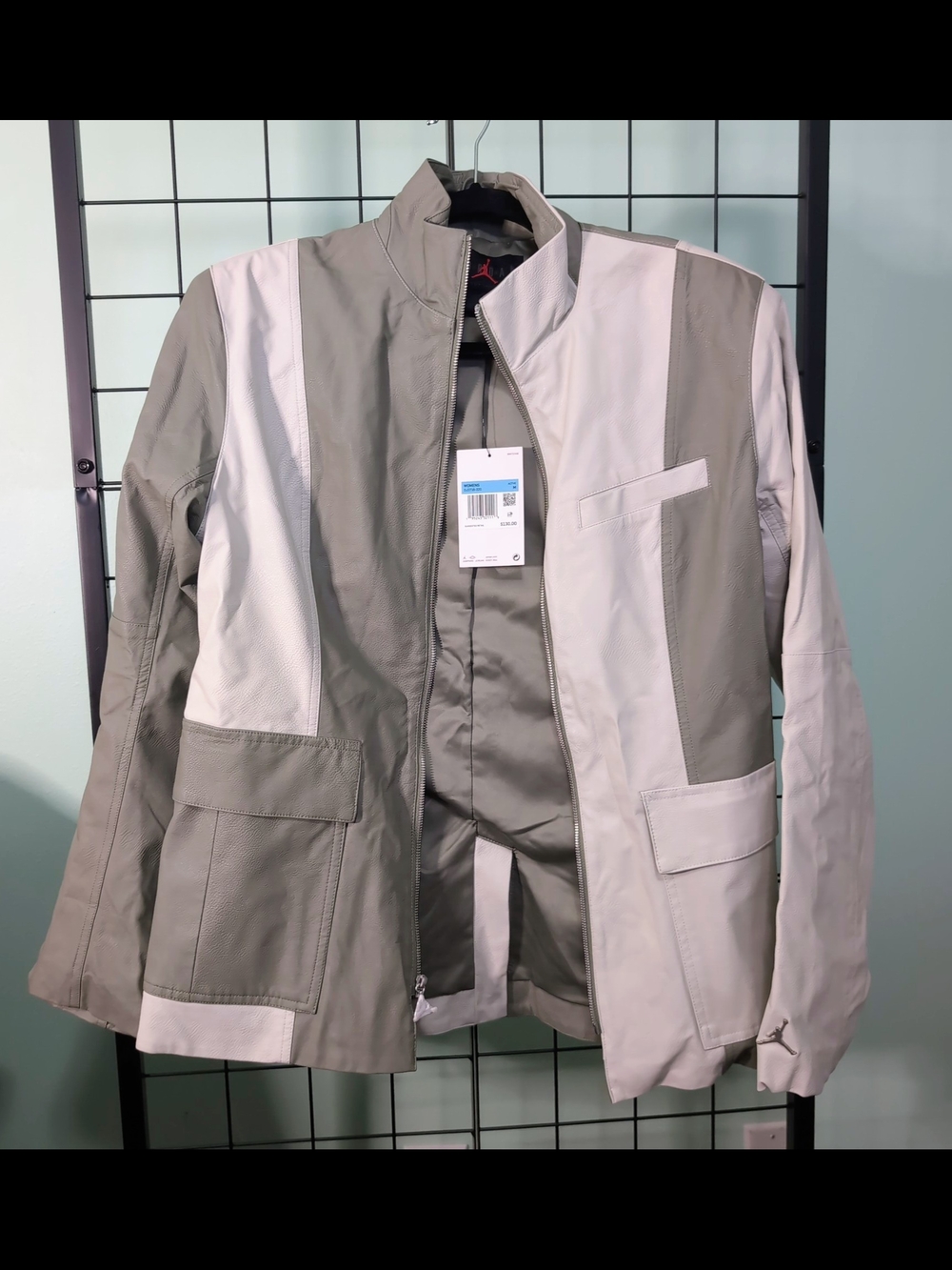 Jordan Women’s Gray Green & Off-White Colorblock Faux Leather Jacket Size Medium